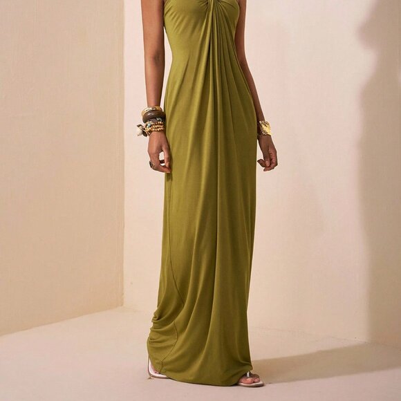 Army Green Casual Maxi Backless Evening Dress - Picture 3 of 8